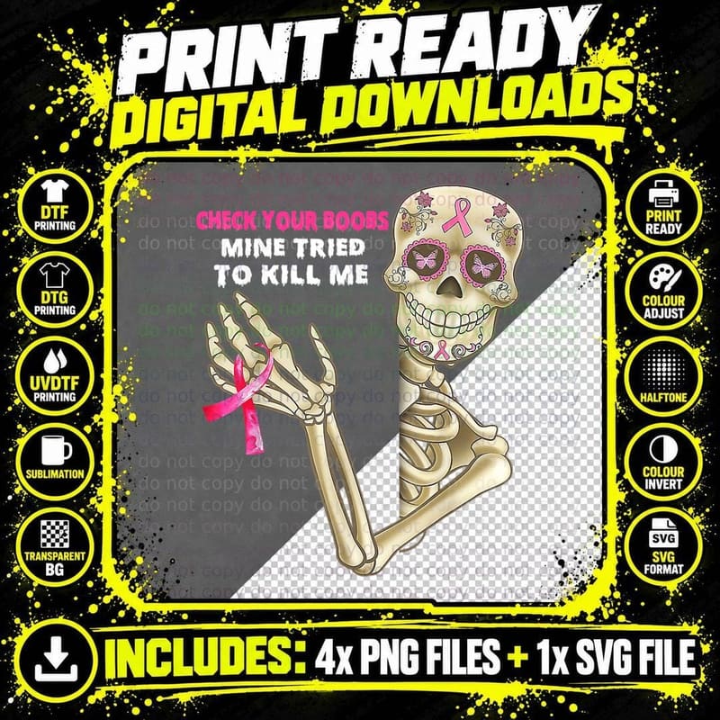 Check Your Boobs Skeleton Hand Breast Cancer Awareness Png SVG Digital Bundle