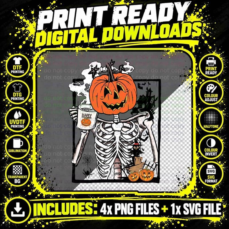 Coffee Drinking Pumpkin Head Skeleton Halloween Costumes Png SVG Digital Bundle