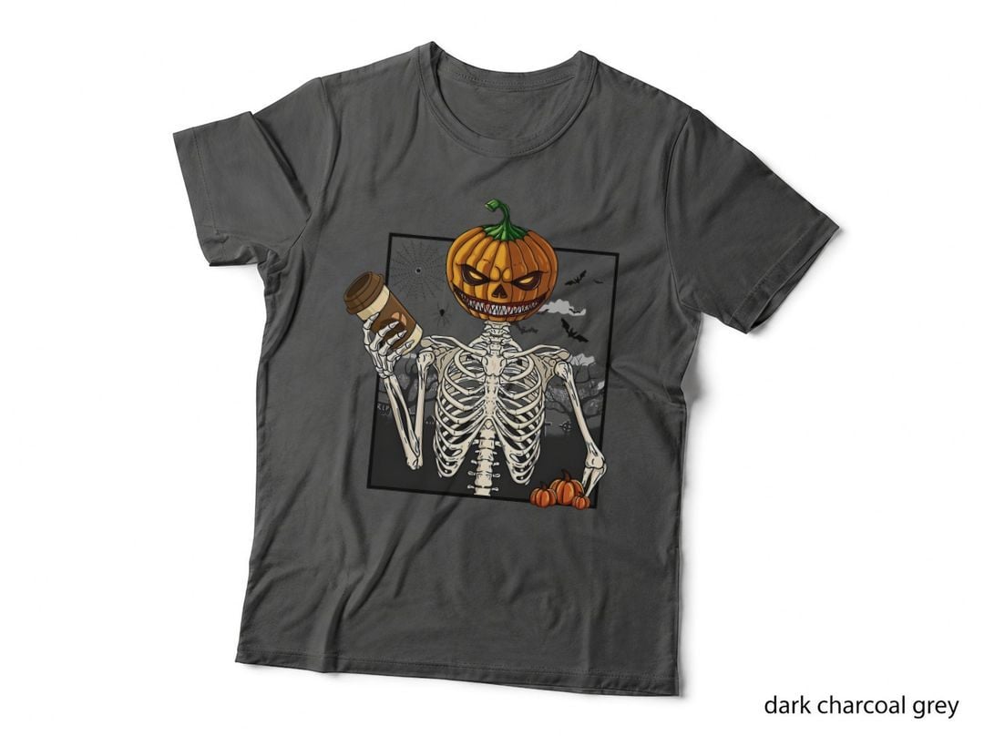 Coffee Drinking Skeleton Pumpkin Halloween Costume Women Men T-Shirt