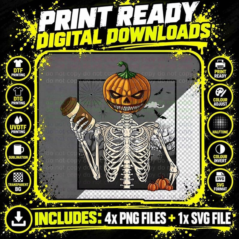 Coffee Drinking Skeleton Pumpkin Halloween Costume Women Png SVG Digital Bundle