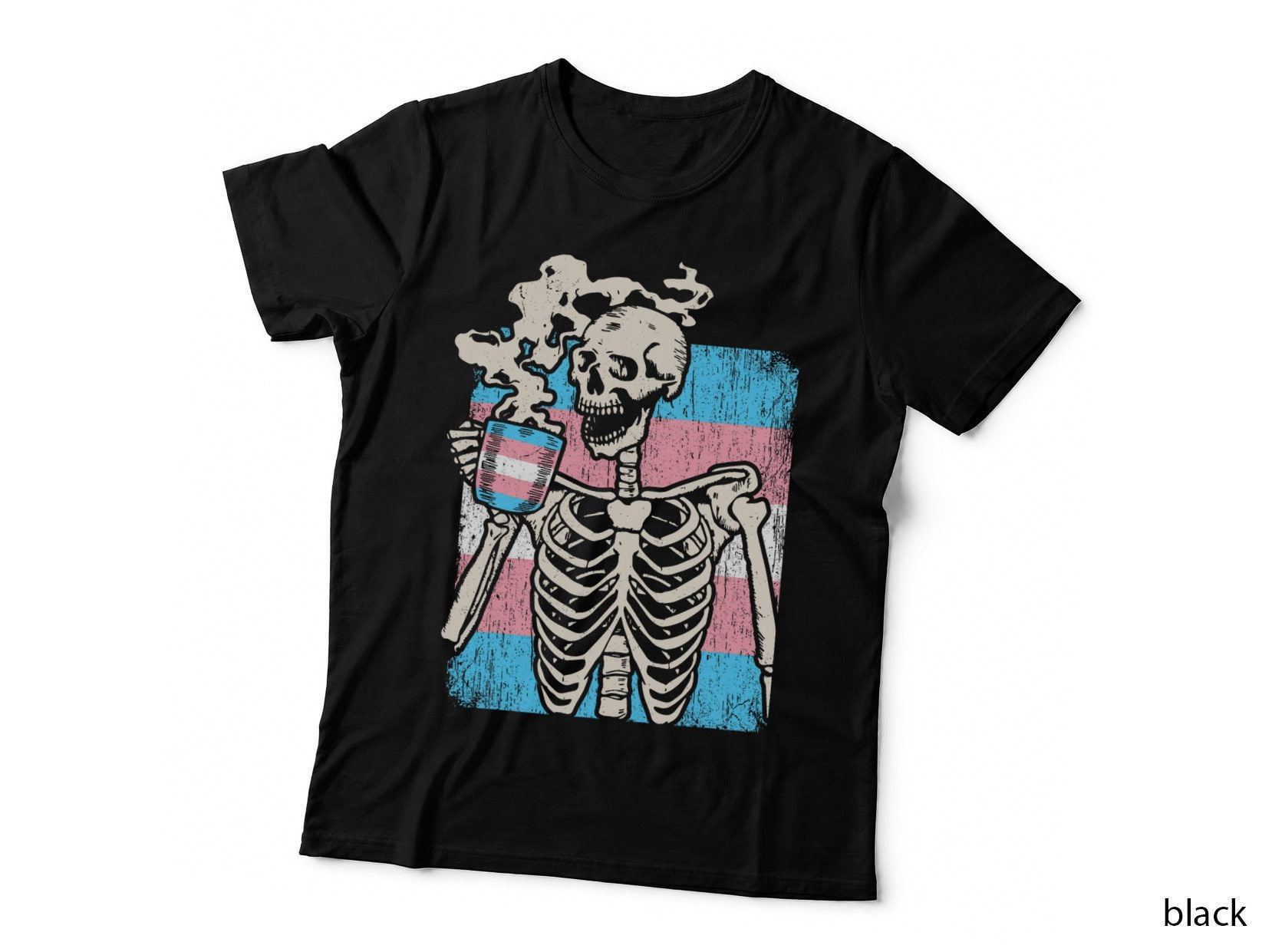 Coffee Lover LGBTQ Transgender Pride Trans Flag Skeleton T-Shirt