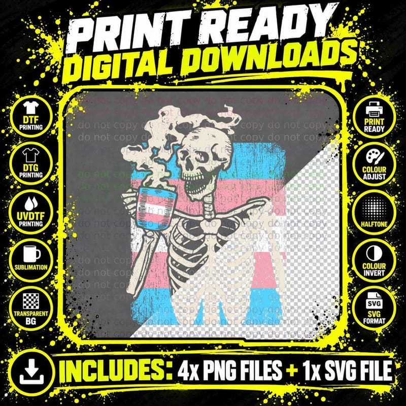 Coffee Lover LGBTQ Transgender Pride Trans Flag Skeleton Png SVG Digital Bundle