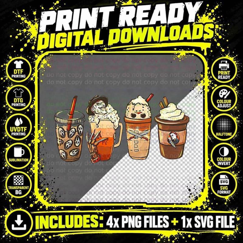 Coffee and Horror Movies Scary Halloween Coffee Lover Png SVG Digital Bundle