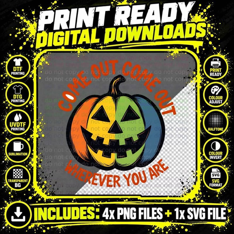 Come Out Jack-O'-Lantern Rainbow Halloween LGBTQ+ Pride Png SVG Digital Bundle