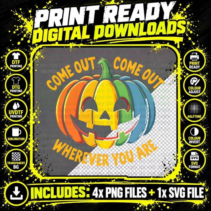 Come Out Rainbow Jack-O'-Lantern Halloween LGBTQ+ Pride Png SVG Digital Bundle