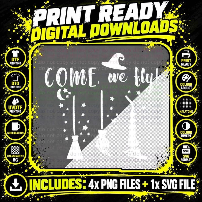 Come We Fly Tee Funny Halloween Top Moon Witch Broom Png SVG Digital Bundle