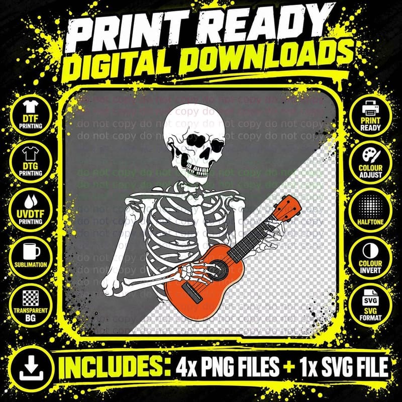 Cool Ukulele Skeleton Playing Guitar Instrument Png SVG Digital Bundle