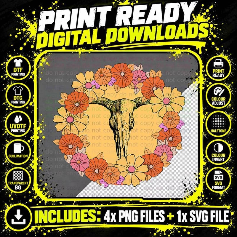 Cow - Flowers Floral 70s Vintage Retro Cattle Skull Png SVG Digital Bundle