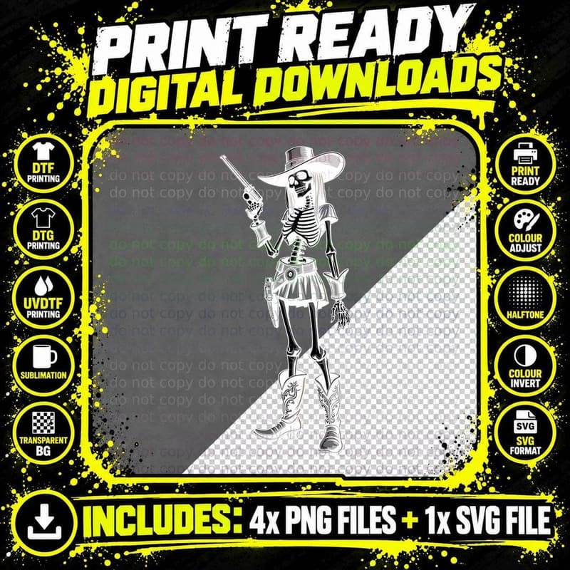 Cowgirl Skeleton Revolver Cowboy Hat Boots Holstered Png SVG Digital Bundle