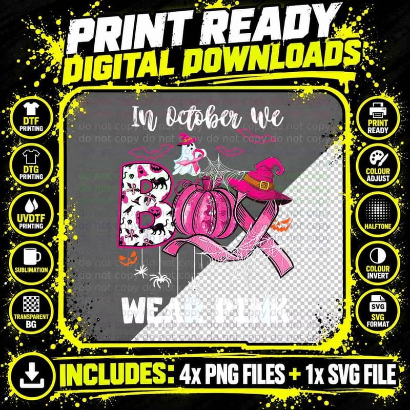 Cute Boo Halloween Pumpkin Pink Ribbon Witch Breast Png SVG Digital Bundle