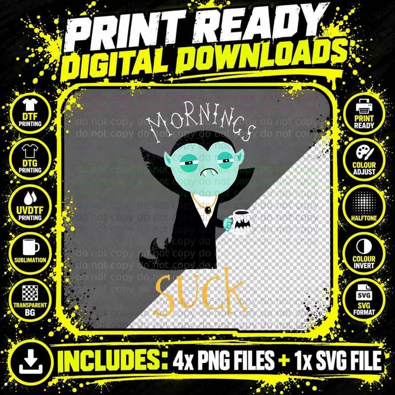 Cute Dracula Vampire Morning Suck Coffee Halloween Png SVG Digital Bundle