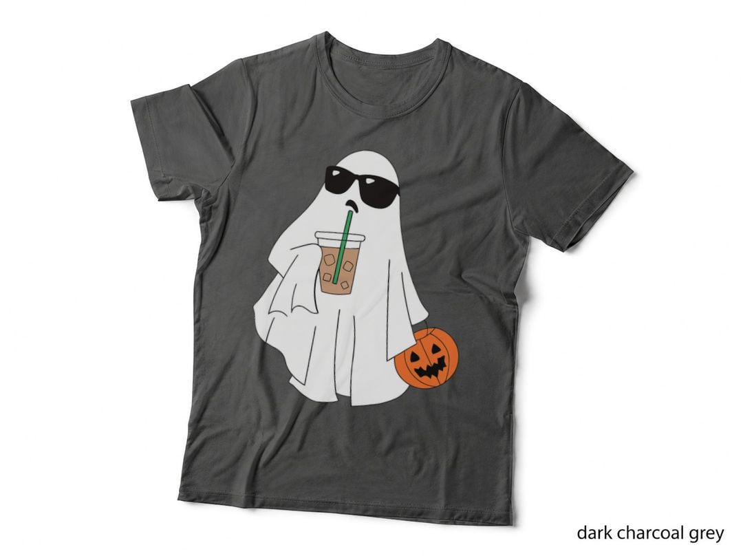 Cute Little Ghost Drinking Coffee Halloween Spooky Season T-Shirt