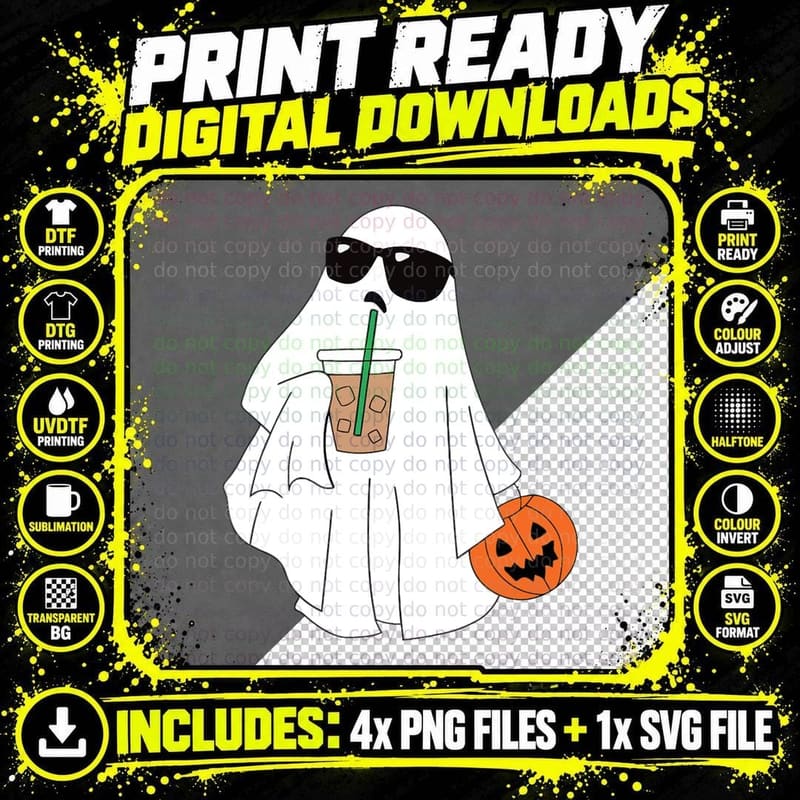 Cute Little Ghost Drinking Coffee Halloween Spooky Png SVG Digital Bundle