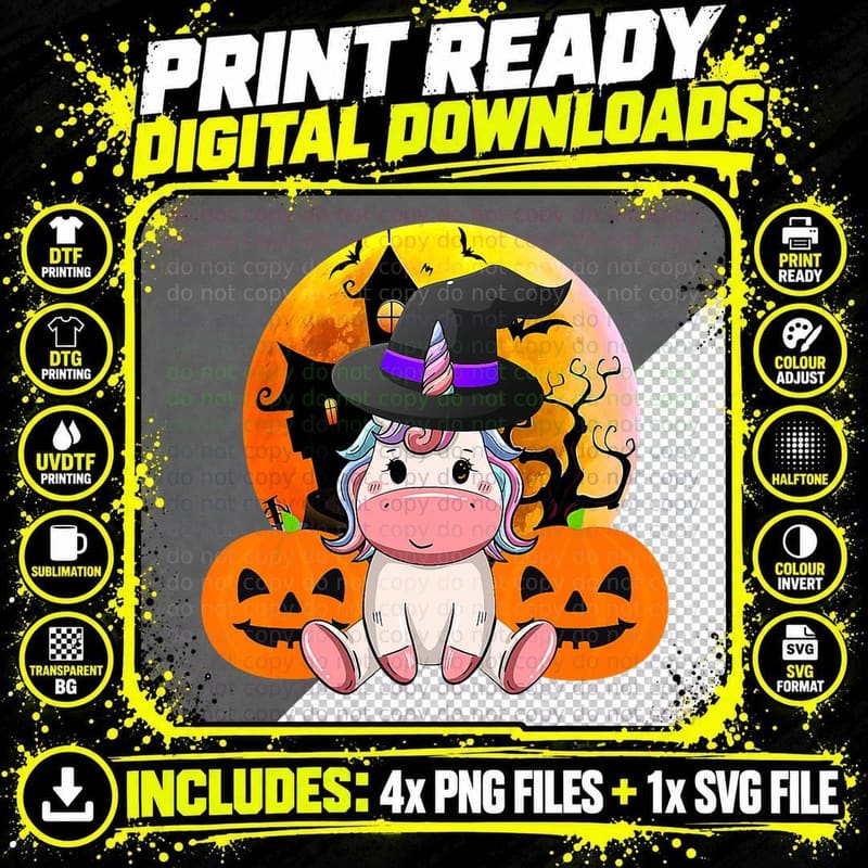 Cute Unicorn Halloween Spooky Witchy Pumpkin Girls Women Png SVG Digital Bundle