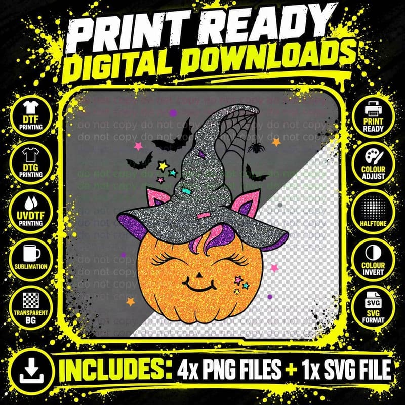 Cute Unicorn Pumpkin Witch Hat Boo Happy Halloween Png SVG Digital Bundle