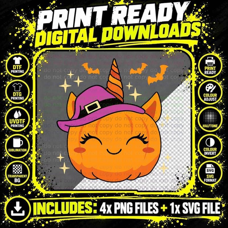 Cute Unicorn Pumpkin Women Girls Halloween T-Shirt Png SVG Digital Bundle
