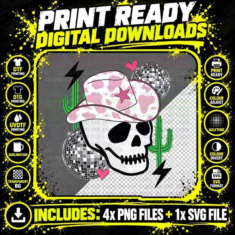 Cute Western Rodeo Funny Skeleton Skull Cowboy Disco Png SVG Digital Bundle