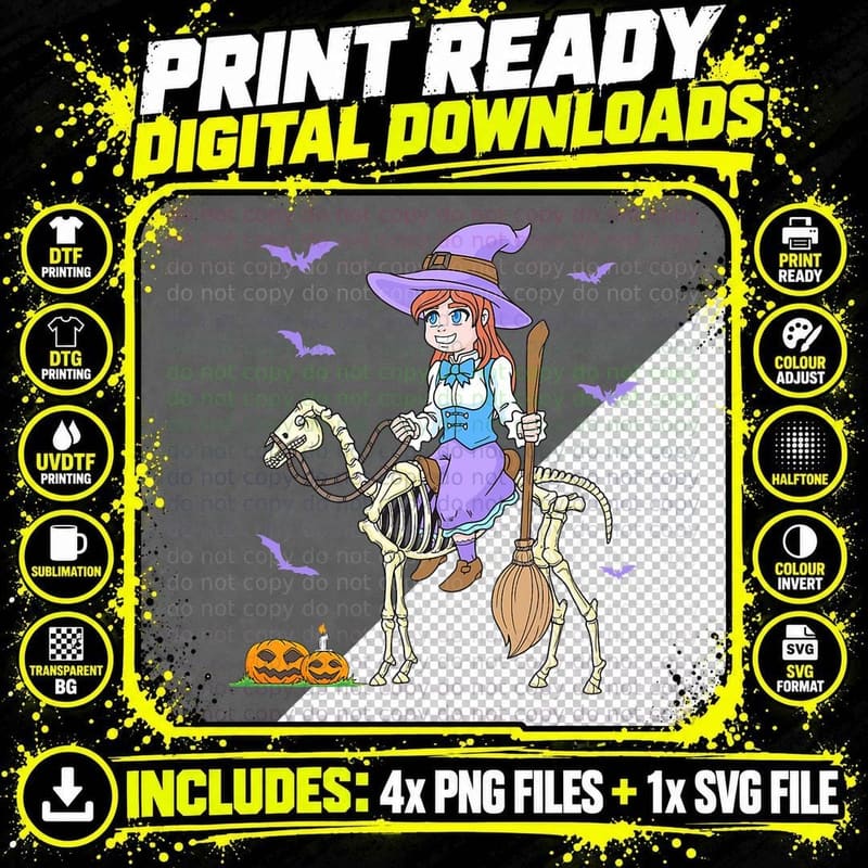 Cute Witch Horses Skeleton Rider Halloween T-Shirt Png SVG Digital Bundle
