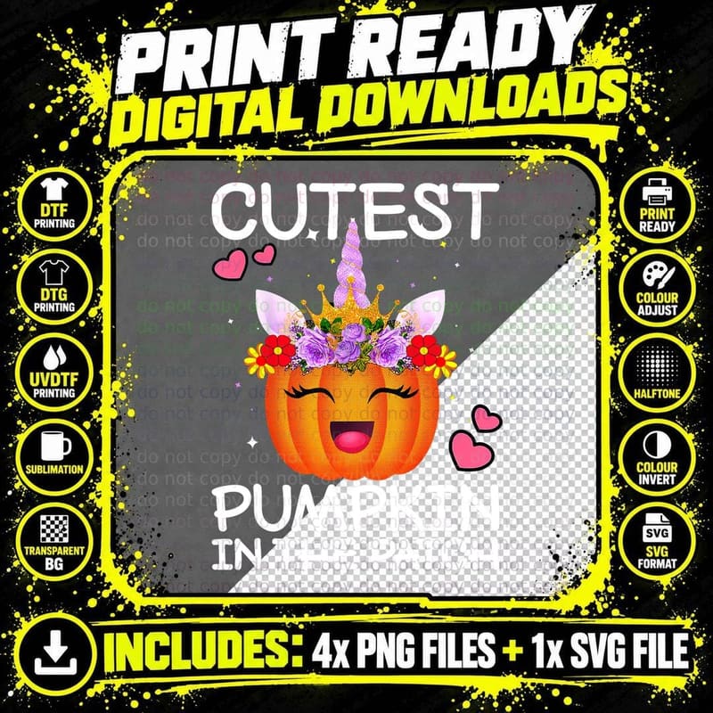 Cutest Pumpkin in the Patch Halloween Girls Kids Unicorn Png SVG Digital Bundle