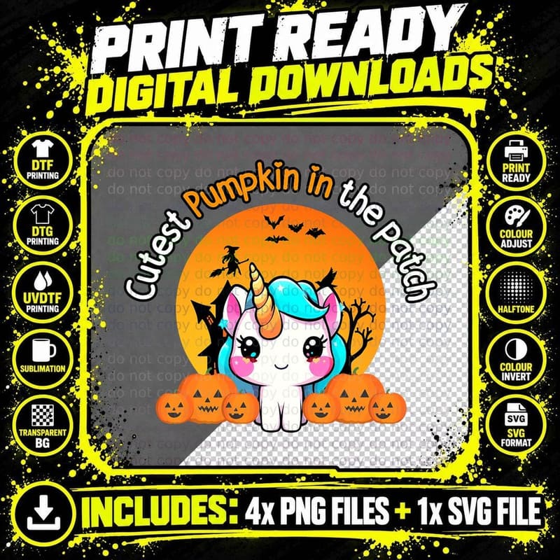 Cutest Pumpkin in the Patch Unicorn Witch Halloween Png SVG Digital Bundle