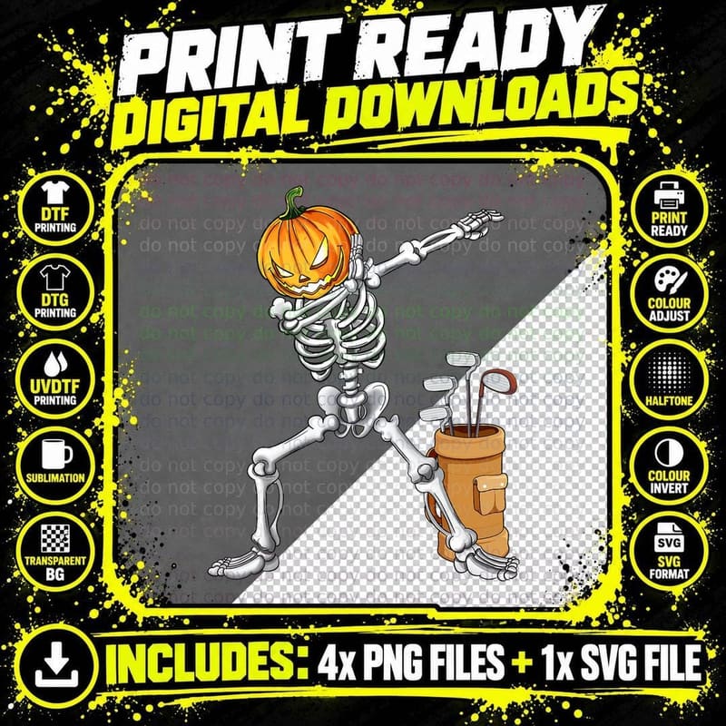 Dabbing Skeleton Pumpkin Golf Halloween Costume Gift Png SVG Digital Bundle