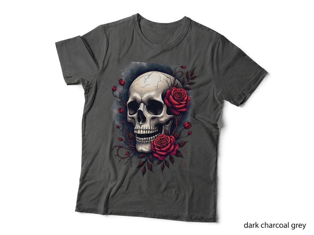 Dark Floral Skull Shirt, Halloween Macabre Art Gift T-Shirt