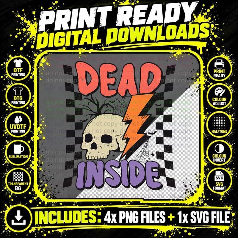 Dead Inside Funny Halloween Groovy Skeleton T-Shirt Png SVG Digital Bundle
