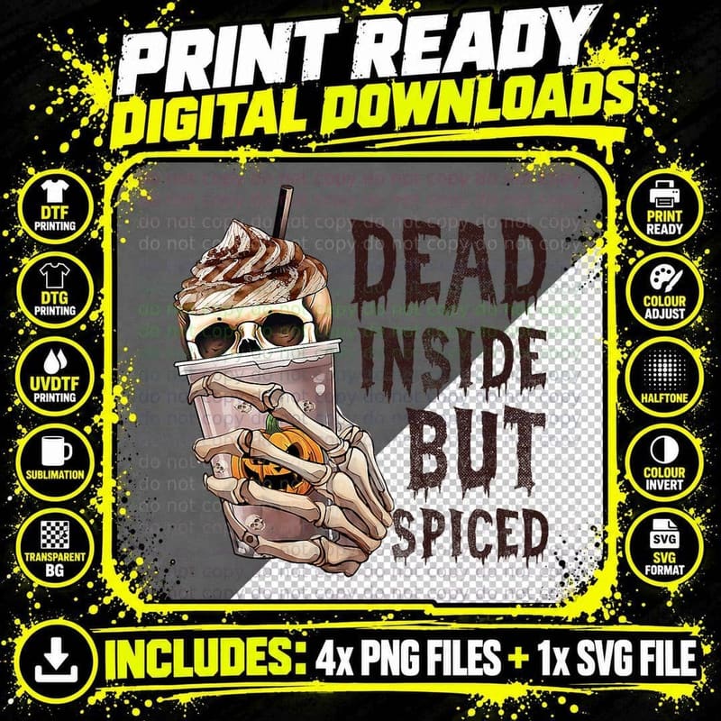Dead Inside but Spiced Coffee Drinking Halloween Spooky Png SVG Digital Bundle