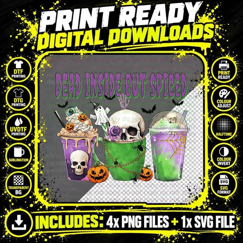 Dead Inside but Spiced Funny Halloween Coffee Design Png SVG Digital Bundle