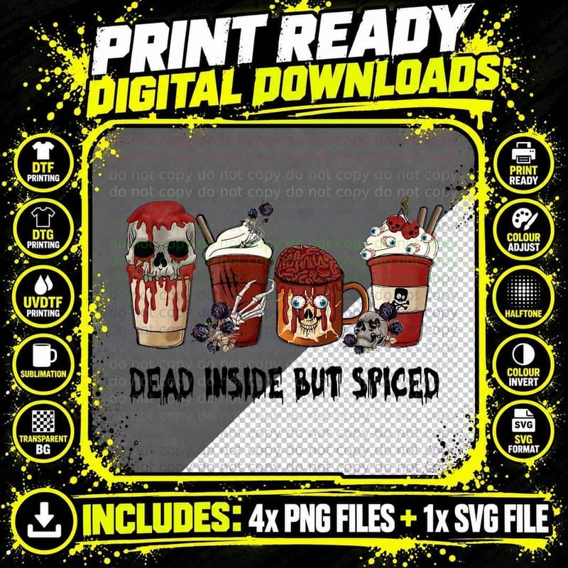 Dead Inside but Spiced, Funny Coffee Latte Halloween Png SVG Digital Bundle