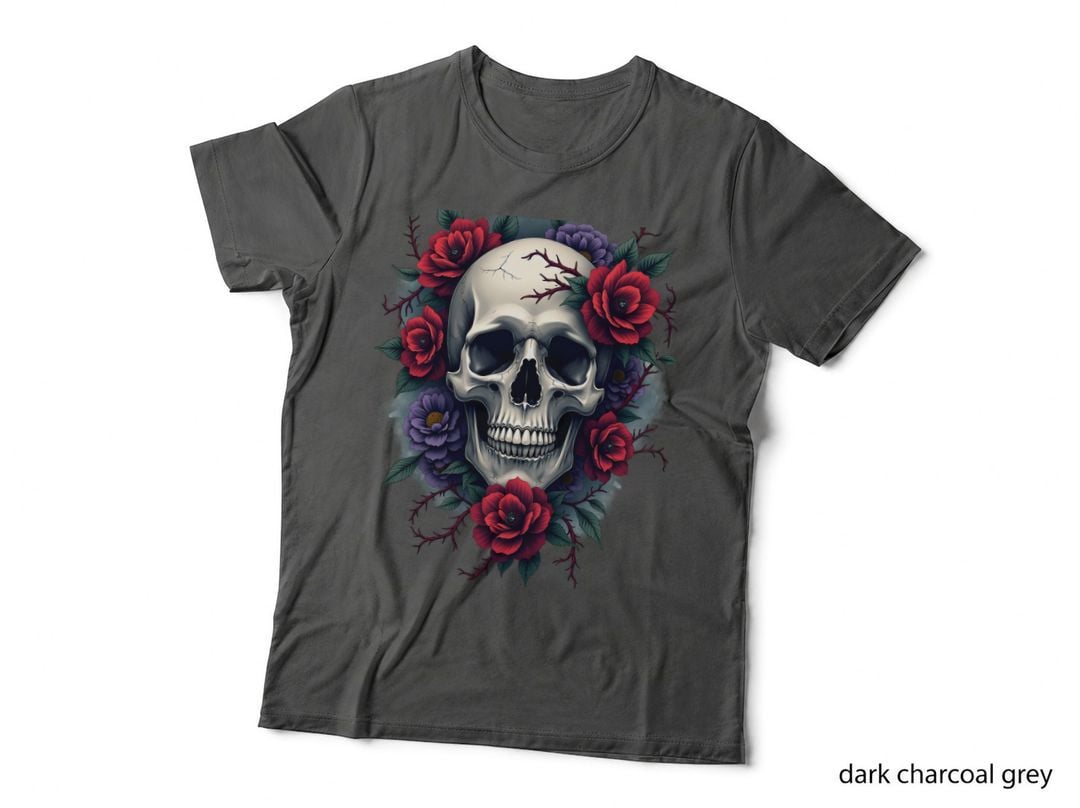 Detailed Gothic Skull Intricate Deep Red Purple Floral Design Halloween T-Shirt