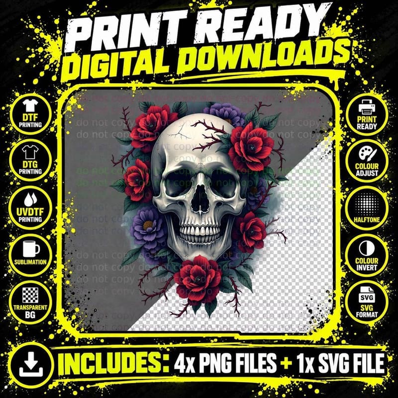 Detailed Gothic Skull Intricate Deep Red Purple Floral Png SVG Digital Bundle