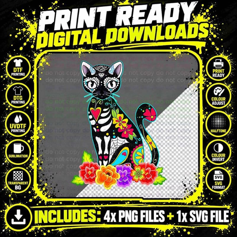 Dia De Los Muertos Cat Day of the Dead Funny Halloween Png SVG Digital Bundle