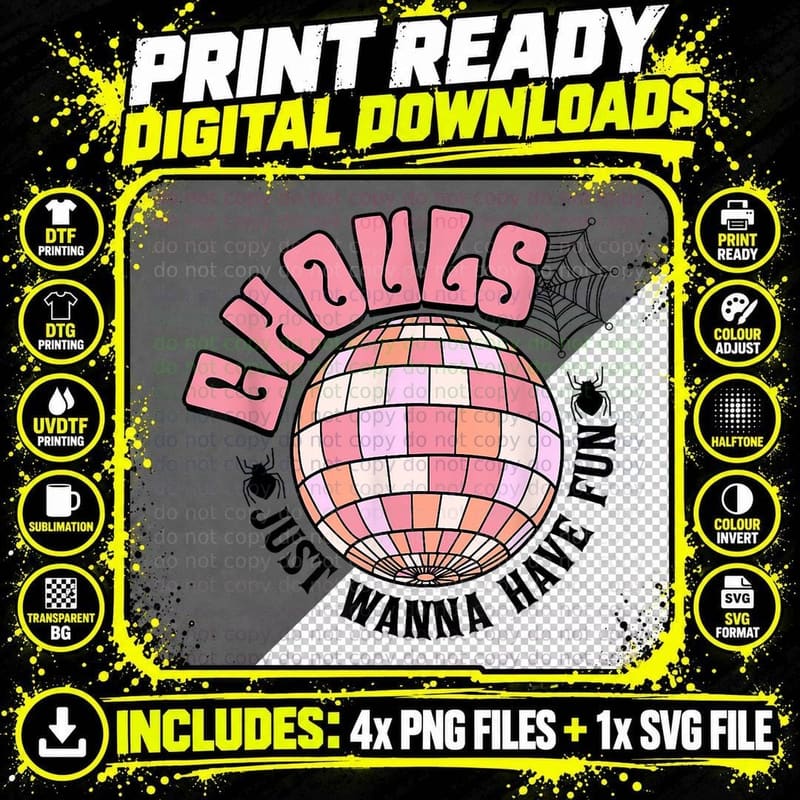 Disco-Ball Ghouls Just Wanna Have Fun Retro Spooky Png SVG Digital Bundle