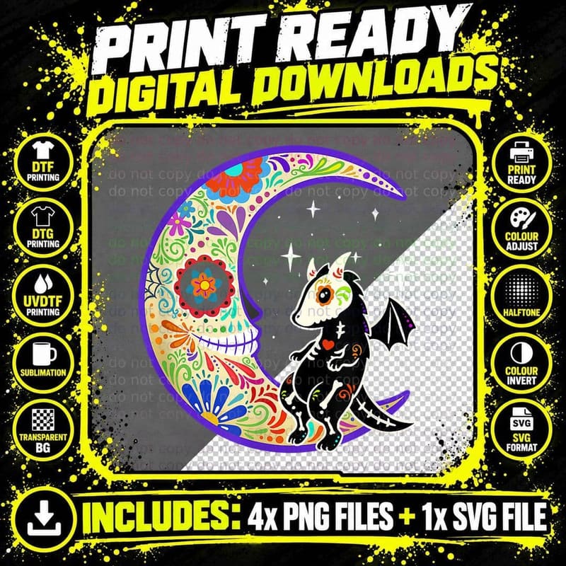 Dragon Dia De Los Muertos Skeleton Sugar Skull T-Shirt Png SVG Digital Bundle