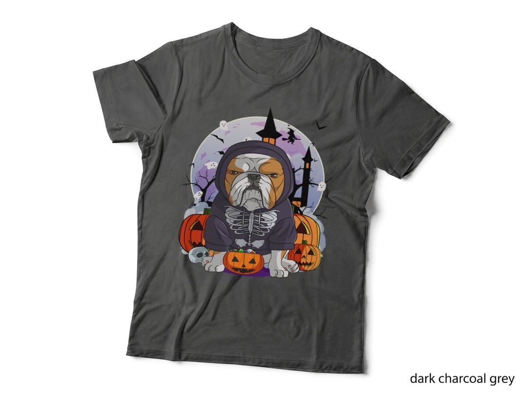 English Bulldog Skeleton Costume Halloween Witch Pumpkin T-Shirt
