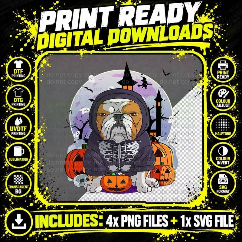 English Bulldog Skeleton Costume Halloween Witch Pumpkin Png SVG Digital Bundle