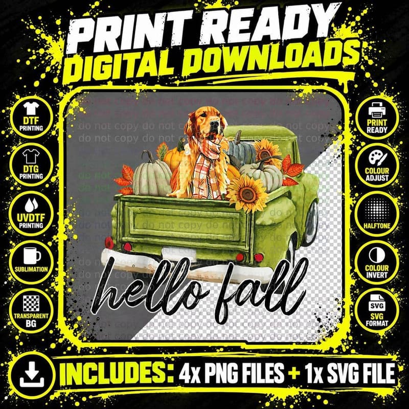 English Golden Retriever Pumpkin Truck Hello Fall Dog Png SVG Digital Bundle