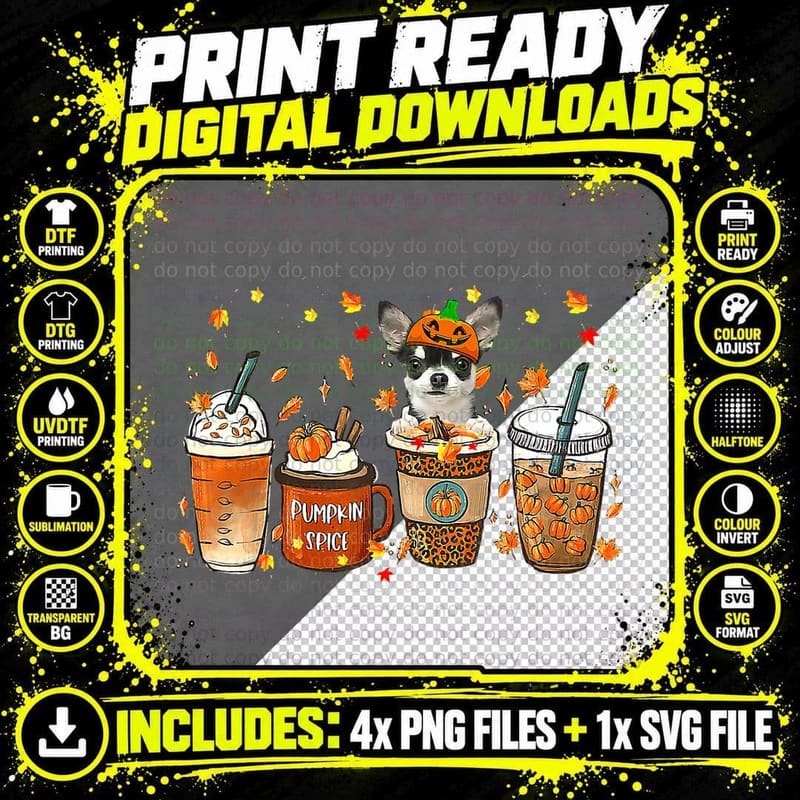 Fall Coffee Pumpkin Spice Latte Iced Autumn Chihuahua Png SVG Digital Bundle
