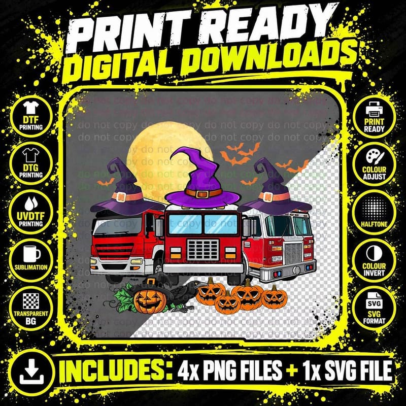 Firefighter Pumpkin Witch Hat Fire Truck Halloween Png SVG Digital Bundle