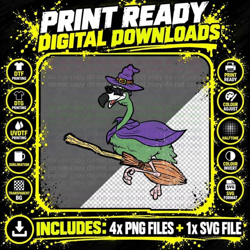 Flamingo Witch Halloween Costume Spooky Funny Animal Png SVG Digital Bundle