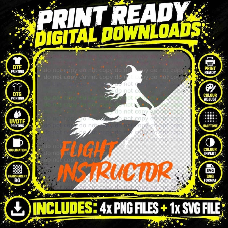 Flight Instructor Witch Riding Broomstick Halloween Png SVG Digital Bundle