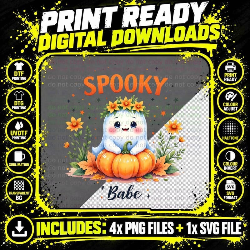 Floral Wreath Cute Ghost Spooky Babe Sitting on Pumpkin Png SVG Digital Bundle