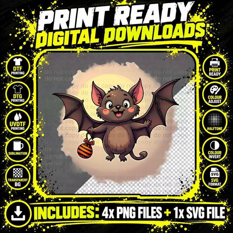 Flying Bat Halloween Shirt, Whimsical Treat Bag Gift Png SVG Digital Bundle