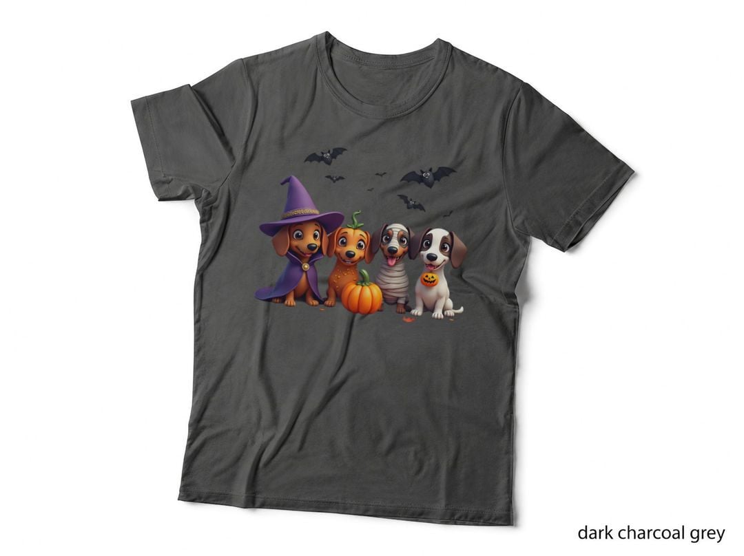 Four Dachshunds Spooky Costumes Playful Halloween Pet Parade Design T-Shirt