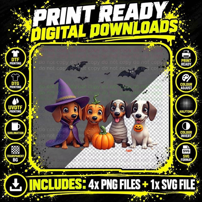 Four Dachshunds Spooky Costumes Playful Halloween Pet Png SVG Digital Bundle