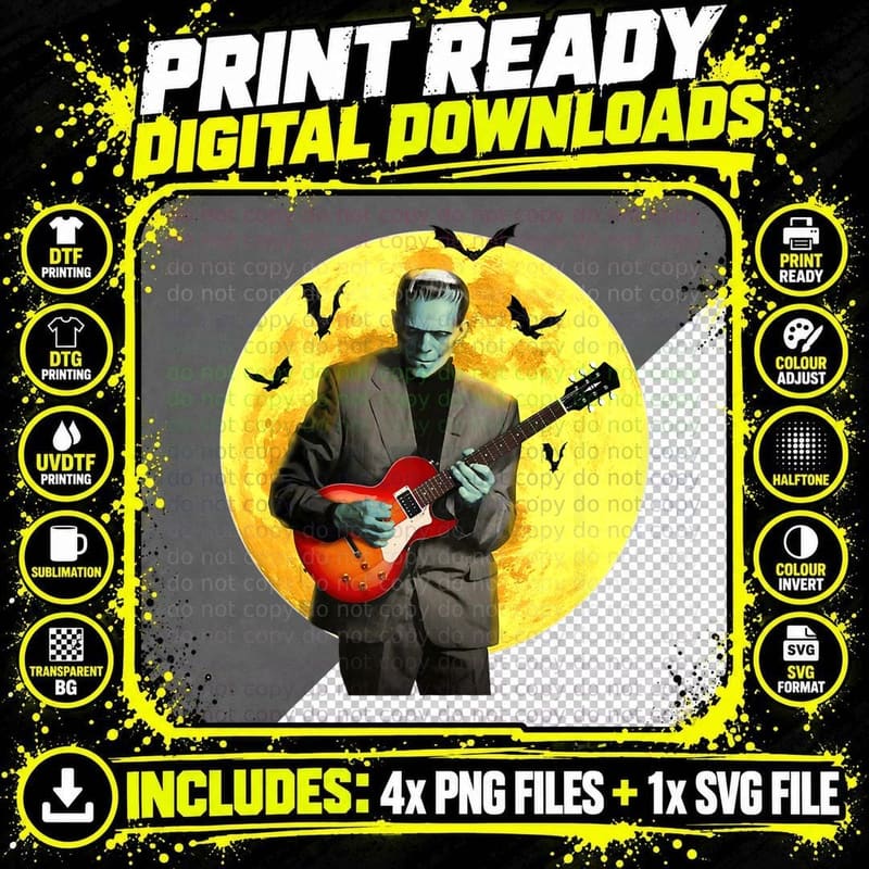 Frankenguitar Frankenstein Plays Electric Guitar Png SVG Digital Bundle