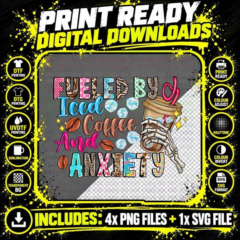 Fueled by Iced Coffee & Anxiety Leopard Skeleton Hand Png SVG Digital Bundle