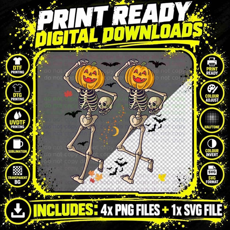 Fun Halloween Skeleton Pumpkin T-Shirt Png SVG Digital Bundle