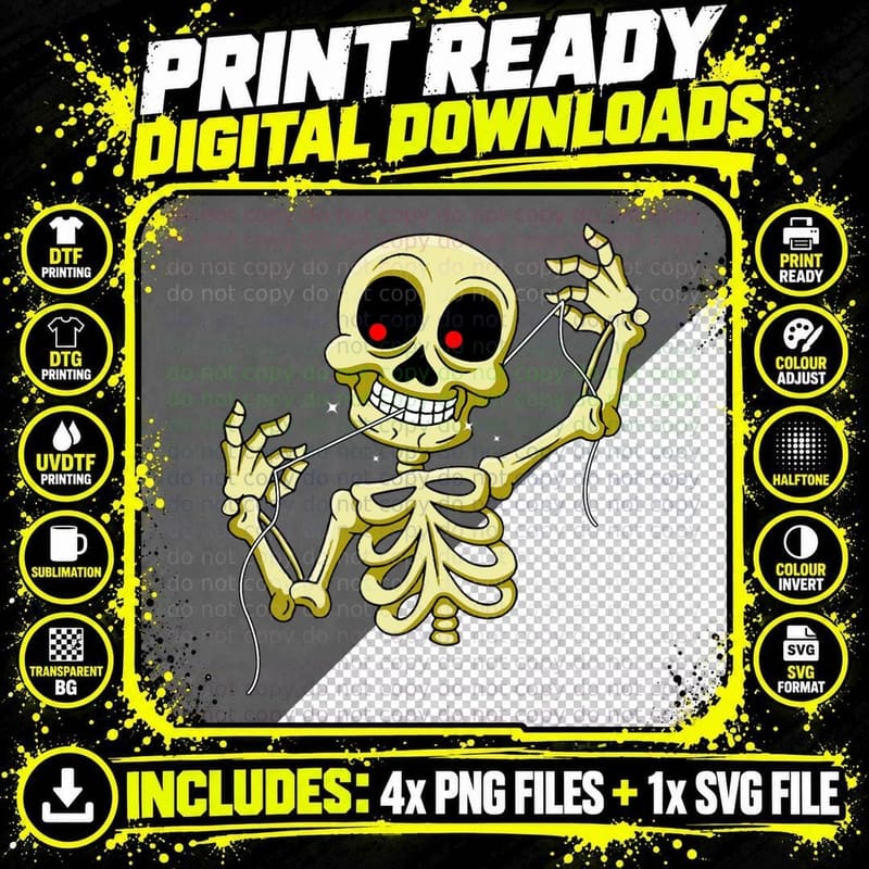 Funny Flossing Skeleton Tshirt Meme Pun Dentist T-Shirt Png SVG Digital Bundle